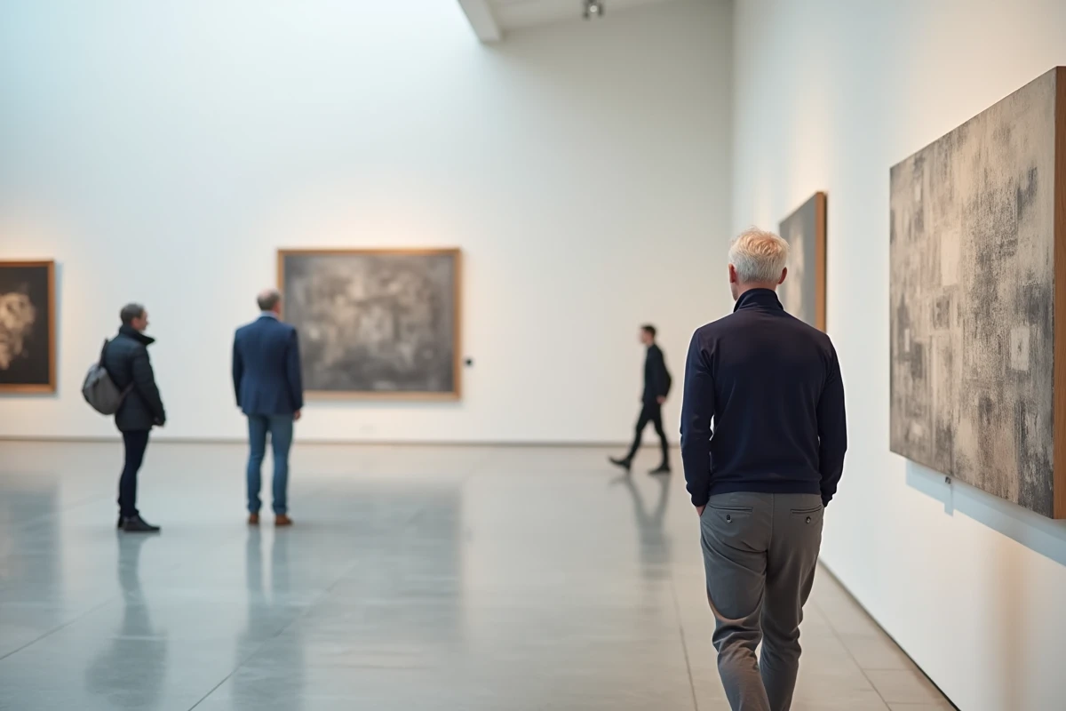 Homme contemplant une œuvre d'art abstraite dans une galerie d'exposition à Lyon