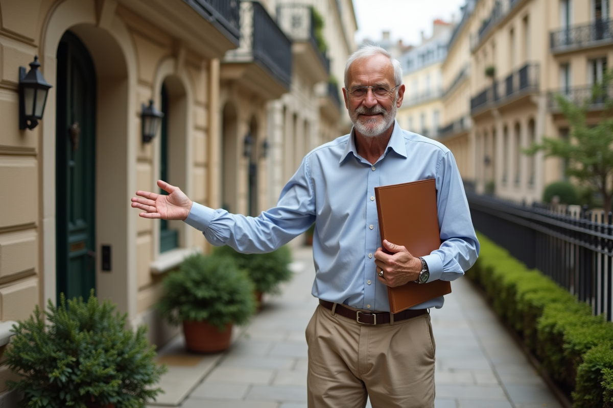 Homme souriant devant un immeuble en pierre à Paris