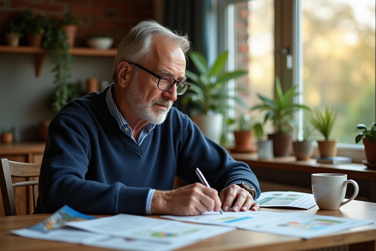 Homme âgé examinant des papiers d investissement dans une cuisine