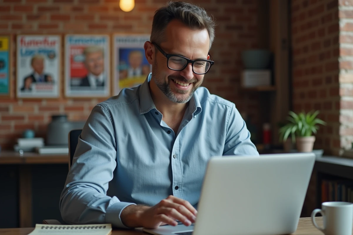 Homme lisant un article satirique dans un bureau urbain