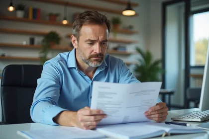 Homme d'&acirc;ge moyen lisant un document de garantie dans un bureau moderne