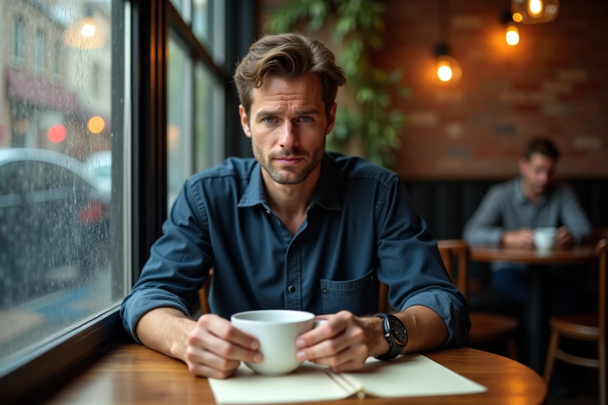 Homme mélancolique dans un café tenant une lettre non envoyée, expression de nostalgie évoquant un amour impossible et une connexion émotionnelle profonde