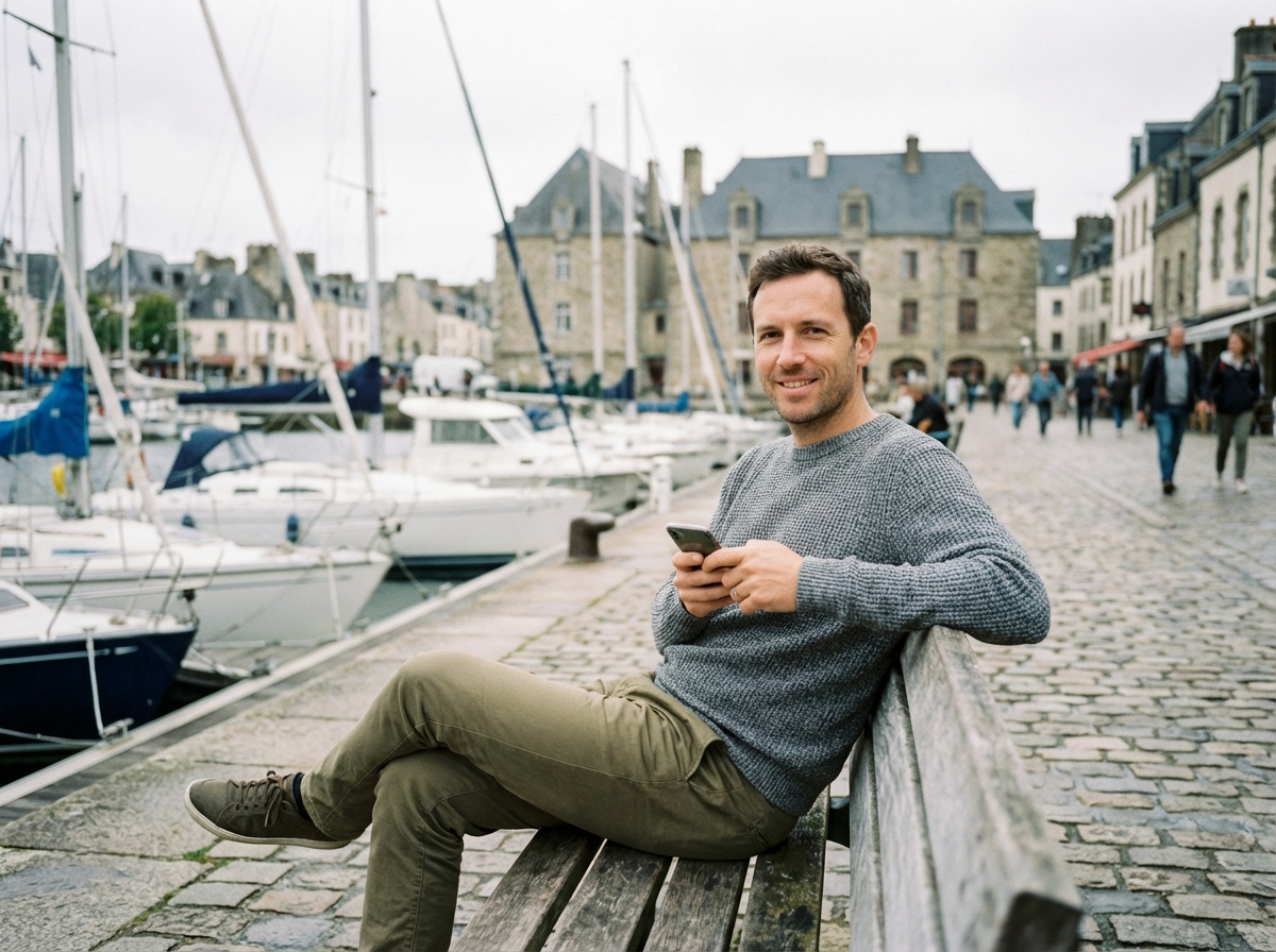 Homme d&eacute;tendu sur un banc au port de Vannes regardant son t&eacute;l&eacute;phone
