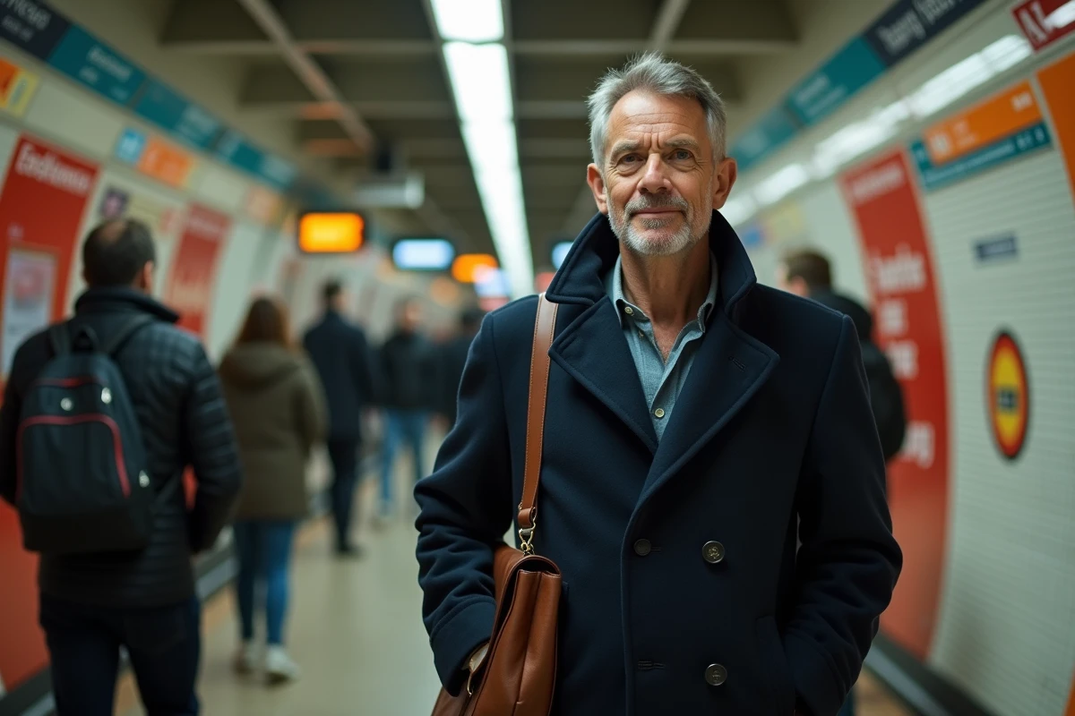 Portrait 3/4 d'un homme en manteau bleu marine sur un quai de métro à Lyon, illustrant la vie quotidienne dans une grande métropole française