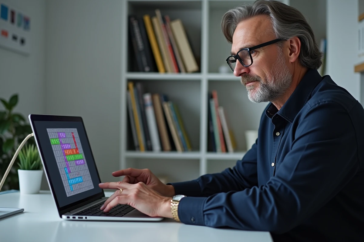 Homme avec lunettes de lecture devant un ordinateur portable résolvant un jeu de grille Pédantix en home office
