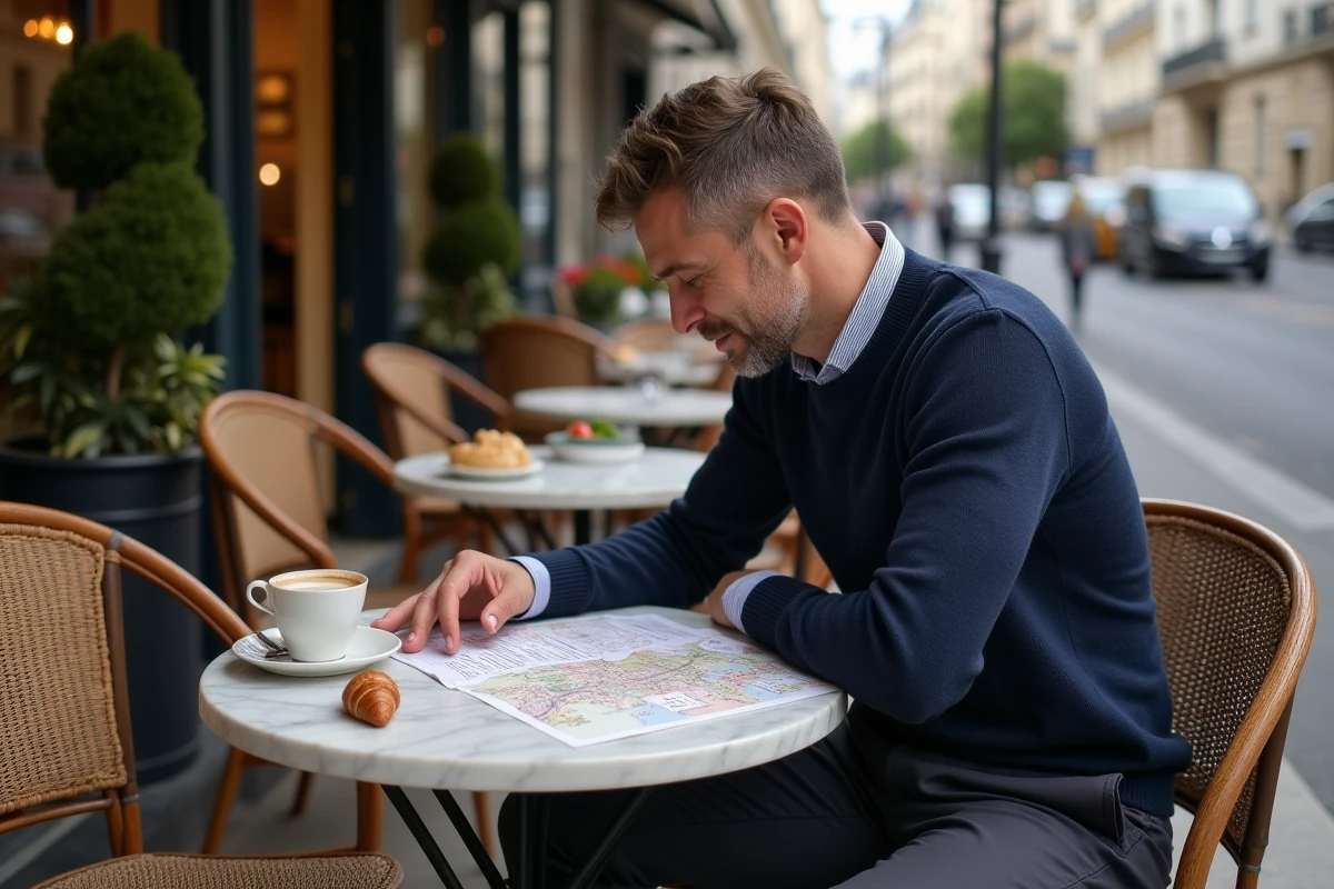 Homme étudiant un plan des arrondissements parisiens en terrasse de café