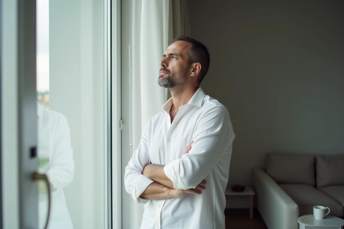 Homme seul regardant par la fenêtre de son appartement minimaliste, expression mélancolique illustrant le silence définitif d'un partenaire narcissique