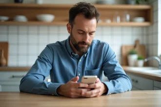 Homme en cuisine regardant son smartphone