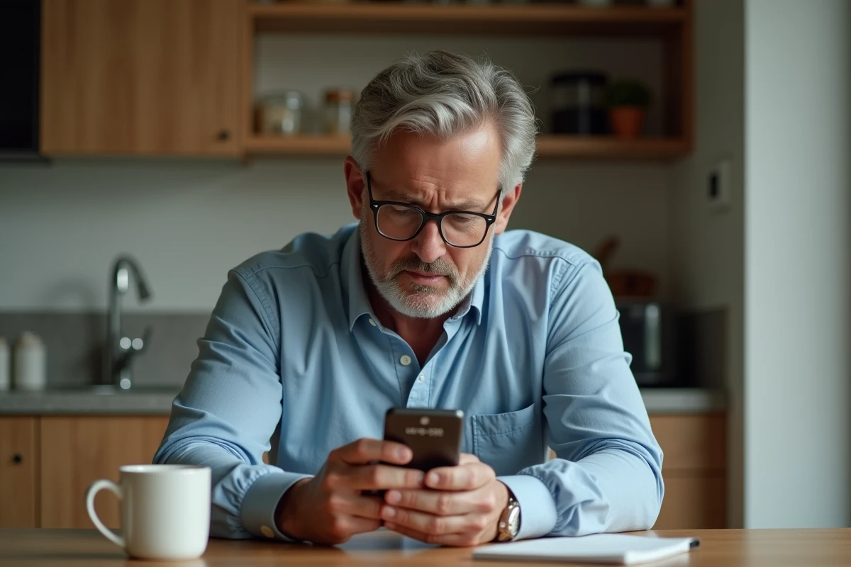 Homme d'âge moyen regardant son smartphone dans une cuisine