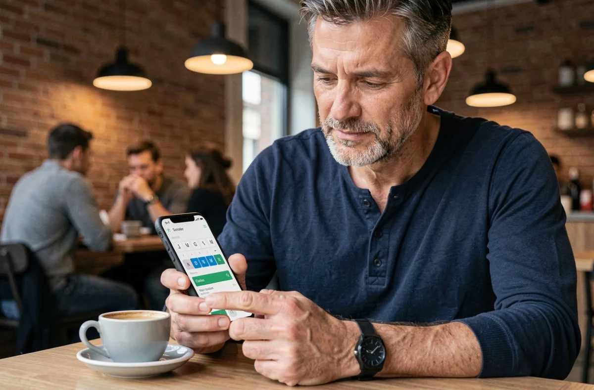 Homme consultant une application solver de mots sur smartphone dans un café urbain