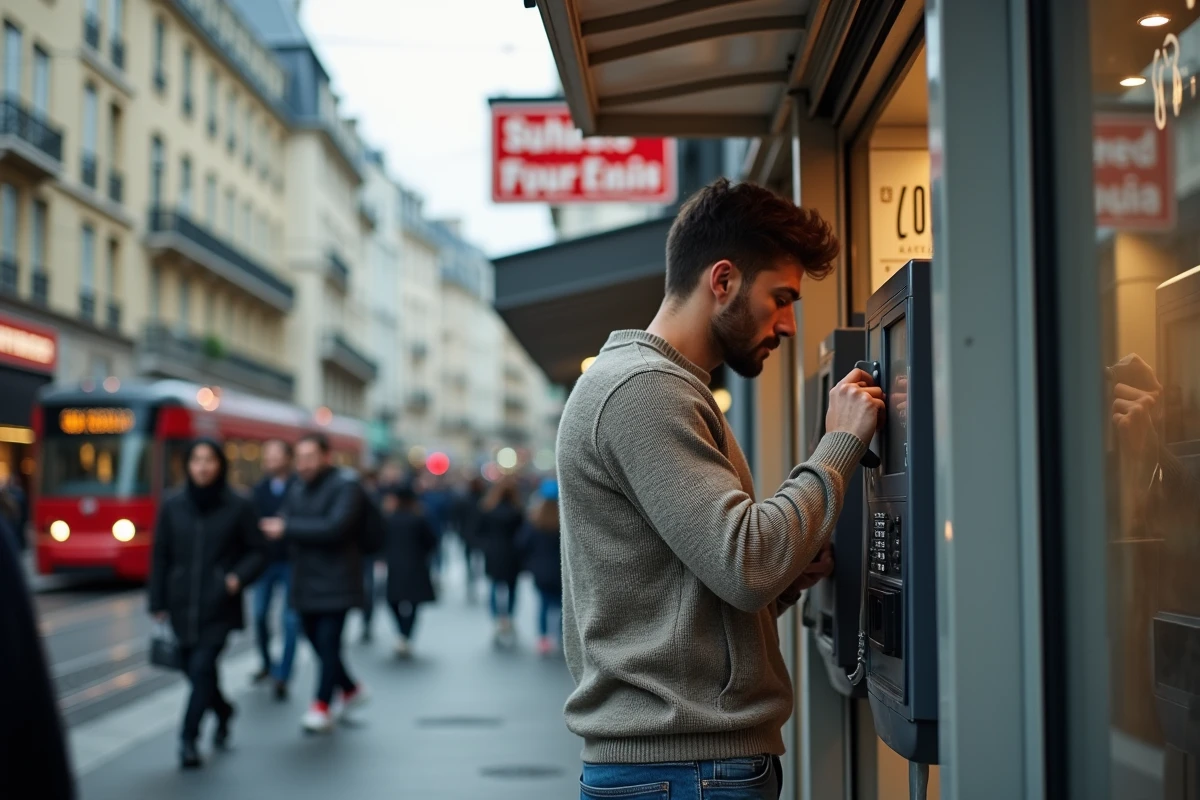 Jeune homme au téléphone dans une rue animée en France