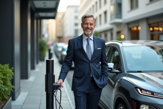 Homme en costume à côté d'une voiture hybride en ville