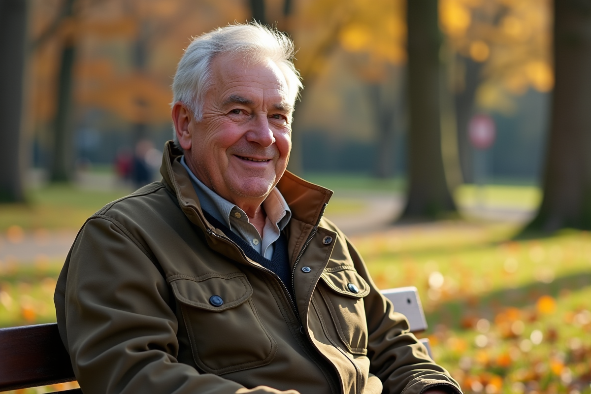 Homme âgé ajustant sa veste en coton ciré dans un parc