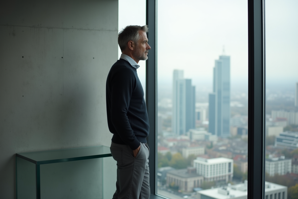 Homme regardant la ville par une grande fenetre