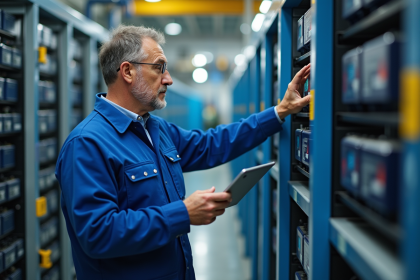 Ingénieur industriel examine une batterie avec tablette