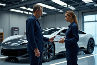 Ingénieur en combinaison bleue devant voiture électrique prototype
