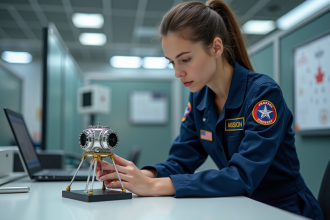 Jeune femme ingénieure en aéronautique examine un modèle de satellite