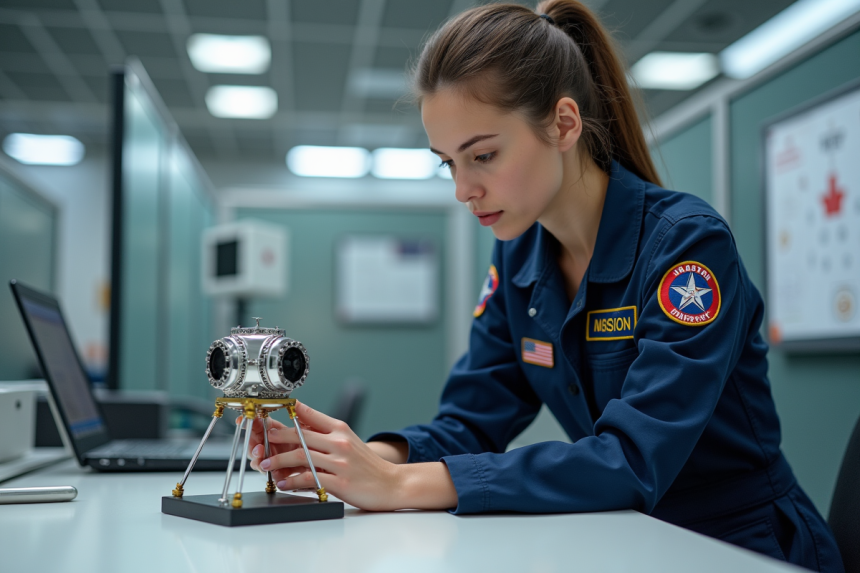 Jeune femme ingénieure en aéronautique examine un modèle de satellite