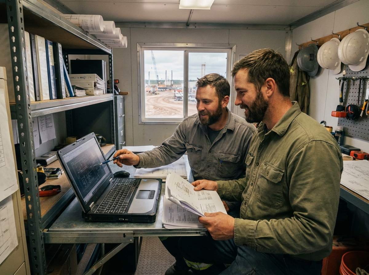 Deux ingénieurs de terrain collaborant sur un ordinateur robuste dans un bureau de chantier temporaire