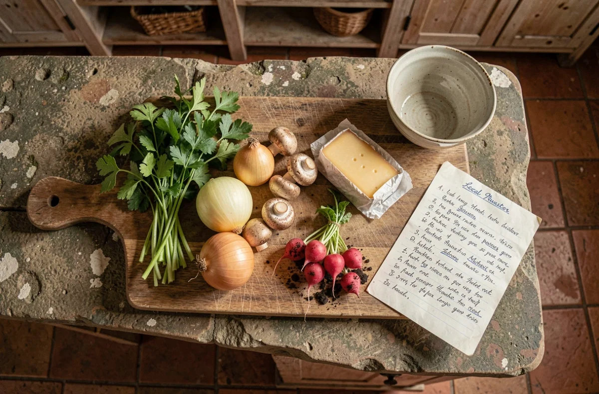 Ingrédients frais du marché de Strasbourg disposés sur une planche en bois pour une recette alsacienne
