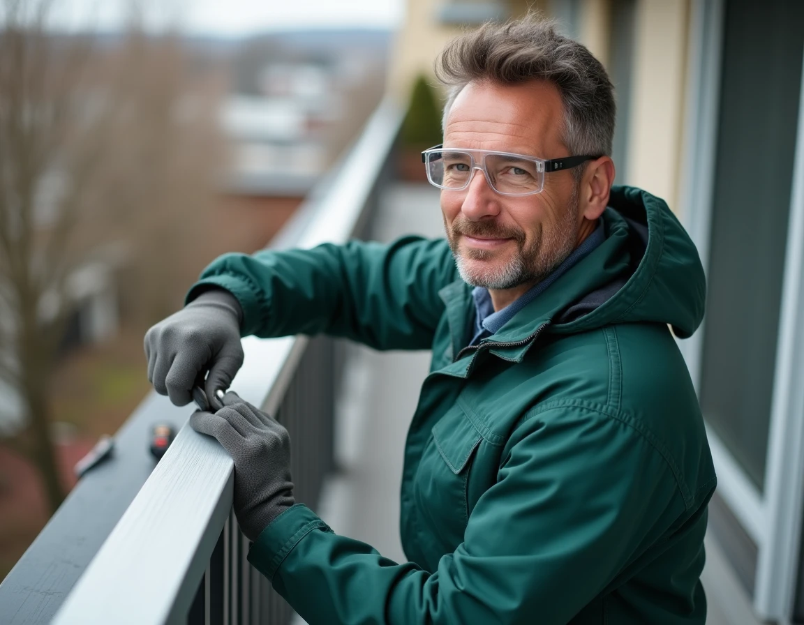 Homme posant un barreau aluminium dans une rambarde de balcon avec perceuse et maillet en caoutchouc