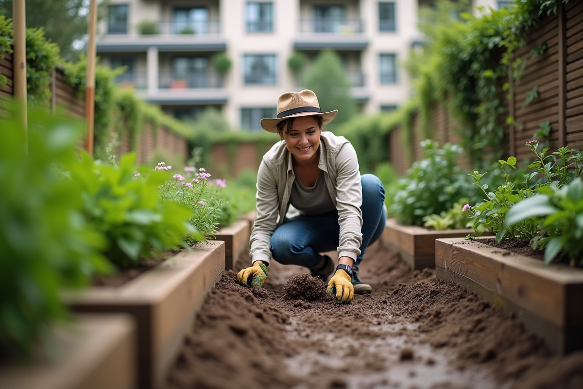 Femme d'âge moyen en jardinage dans un jardin urbain