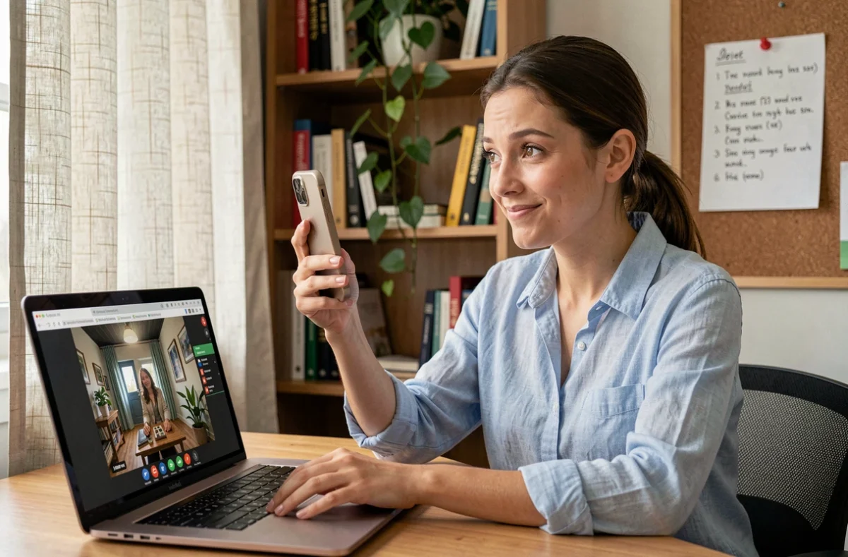 Jeune femme en télétravail jouant à un jeu d'évasion en coopération à distance via appel vidéo depuis son bureau à domicile