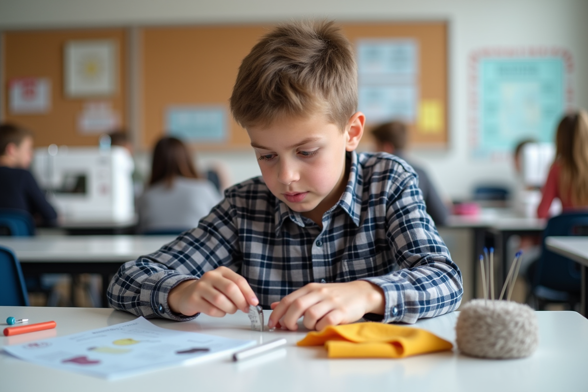 Adolescent étudiant les outils de couture en classe