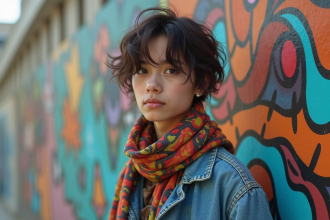 Jeune adulte avec style vintage devant un mur d'art urbain