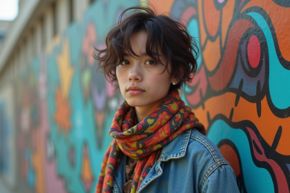 Jeune adulte avec style vintage devant un mur d'art urbain