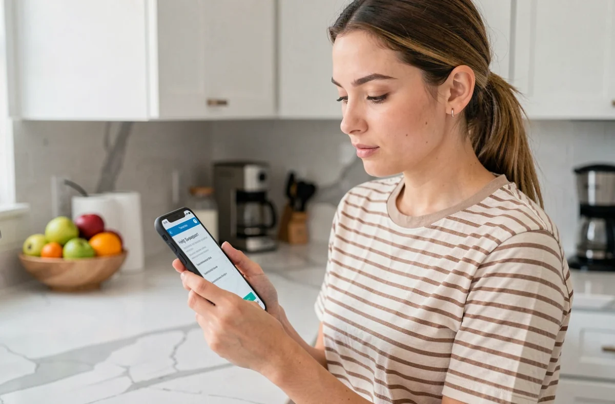 Jeune femme cherchant le centre d'aide Leboncoin sur smartphone dans une cuisine moderne