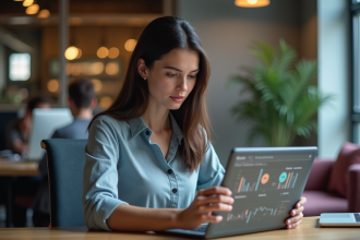 Jeune femme utilisant une tablette avec diagrammes blockchain