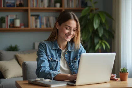 Jeune femme en denim regarde son laptop dans un salon cosy