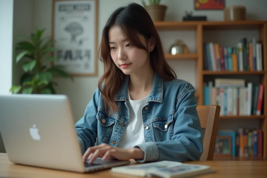 Jeune femme lisant manga sur son ordinateur &agrave; la maison