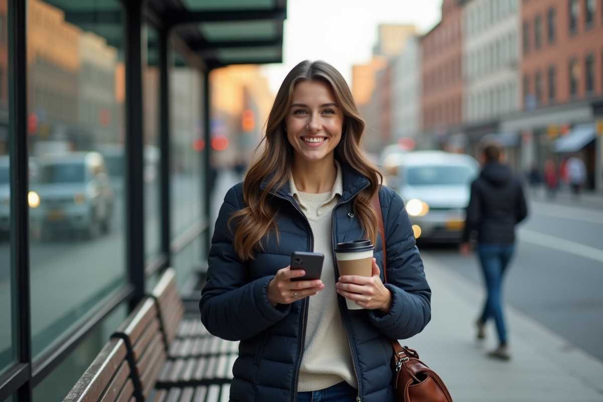 Jeune femme en ville utilisant une application de budget