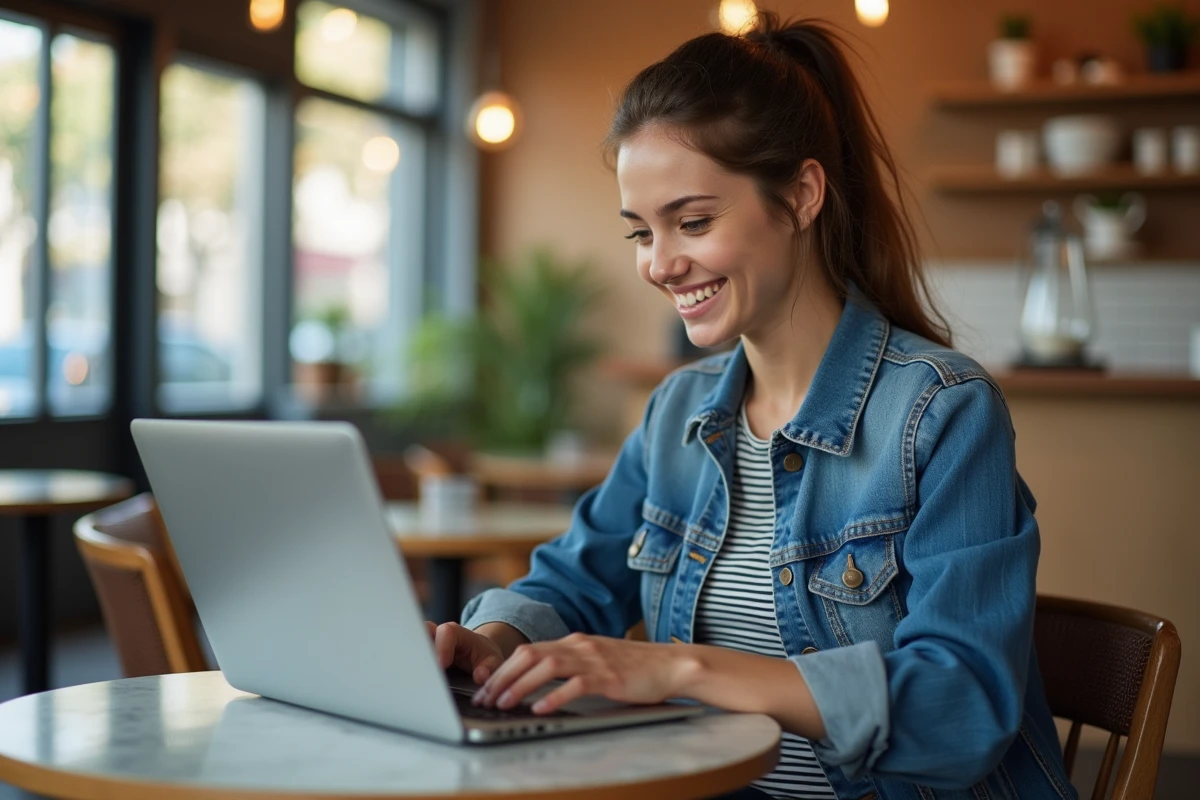 Jeune femme tapant sur son ordinateur portable dans un café, symbolisant la diffusion et la recherche d'informations sur une rumeur virale concernant des personnalités