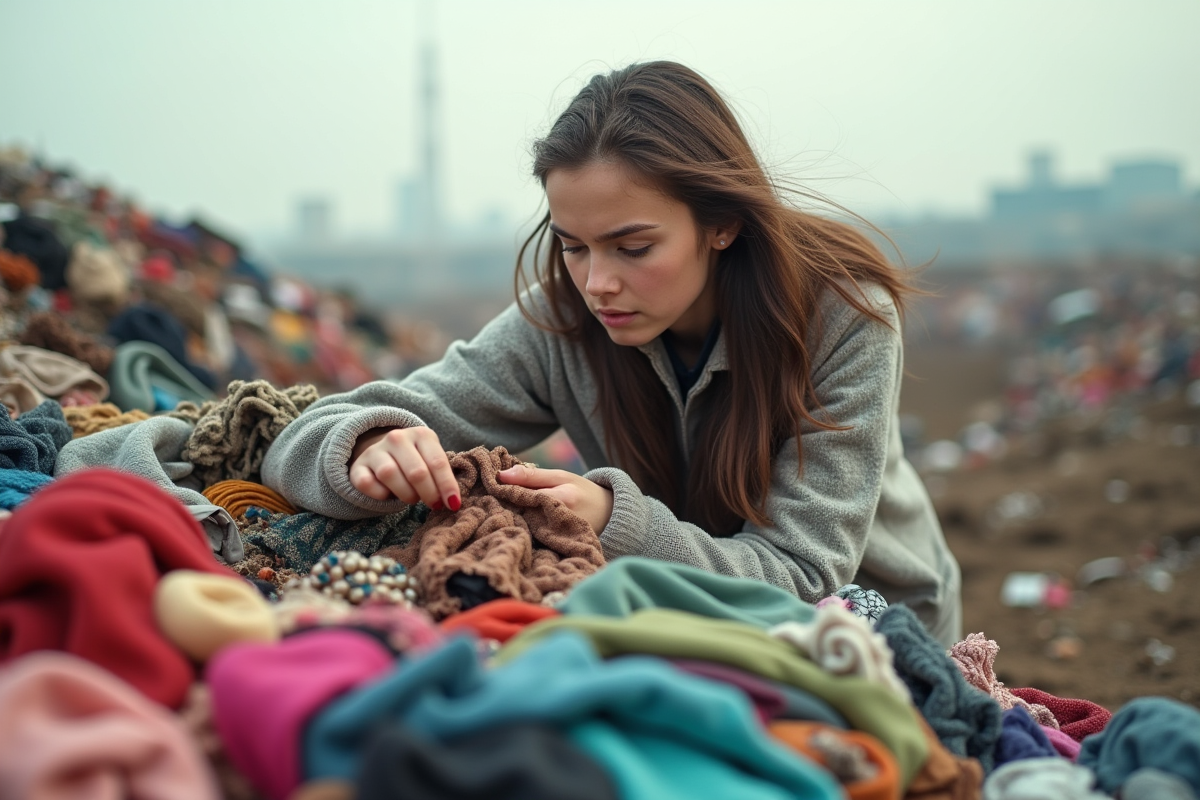 Jeune femme triant des vêtements fast fashion dans une décharge