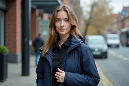 Jeune femme en ville portant une veste recyclée en polyester