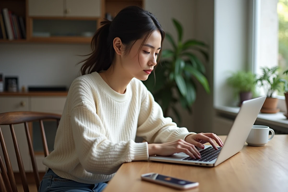 Jeune femme utilisant un ordinateur portable dans un appartement lumineux