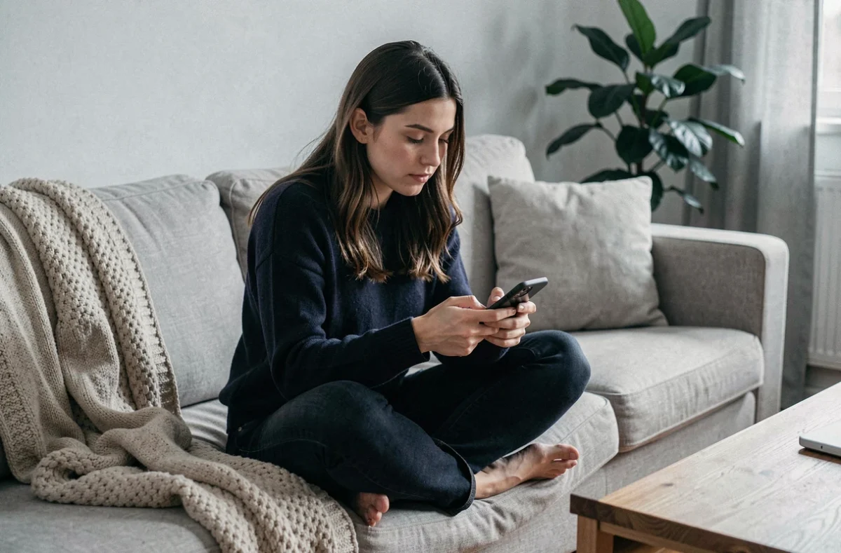 Jeune femme rédigeant un message de condoléances sur son téléphone depuis son salon en réponse à Allah y rahmo