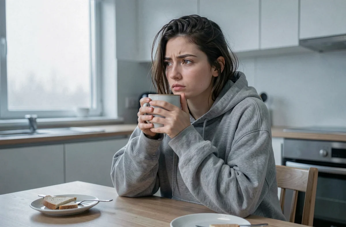 Jeune femme pensive au réveil après un rêve angoissant où quelqu'un lui voulait du mal