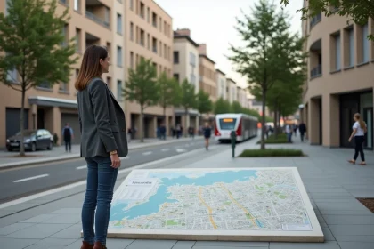 Jeune femme en blazer examine une carte &agrave; Toulouse