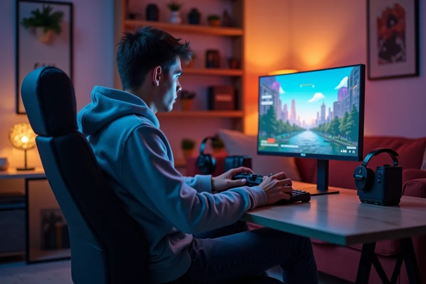 Jeune homme concentr&eacute; sur un jeu vid&eacute;o dans un salon moderne