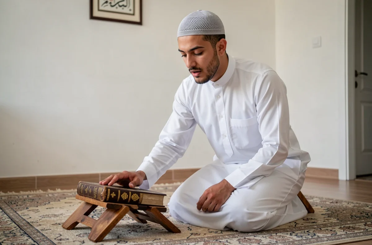 Jeune homme musulman en prière avec le Coran récitant des invocations quotidiennes dans son appartement