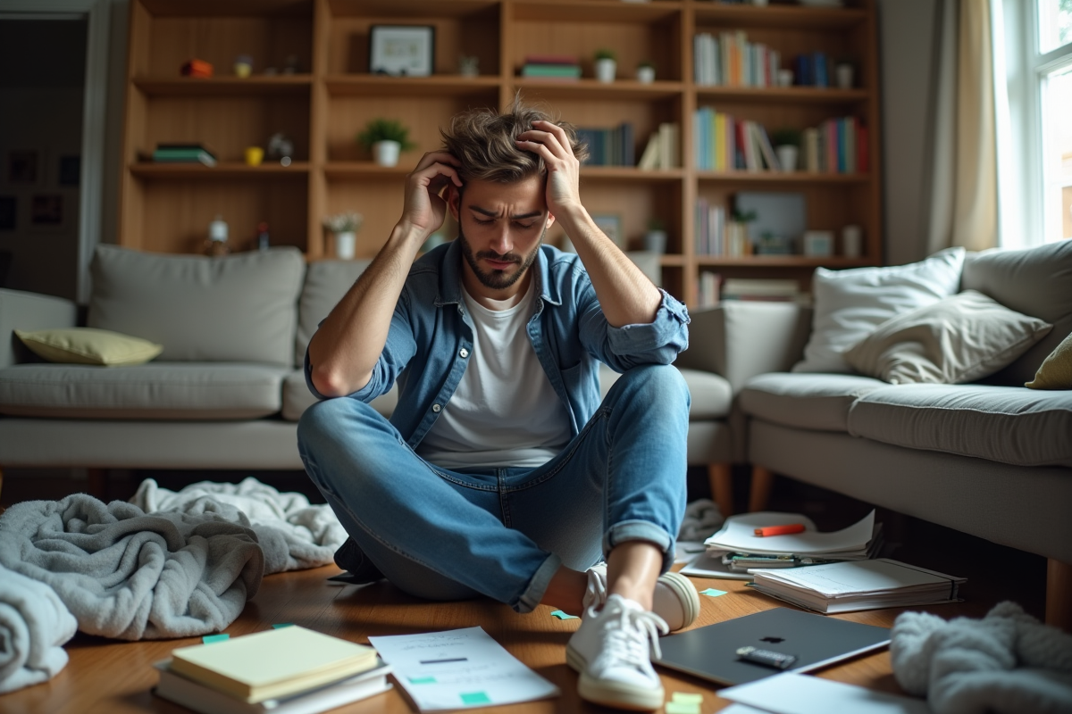 Jeune homme stressé sur le sol du salon