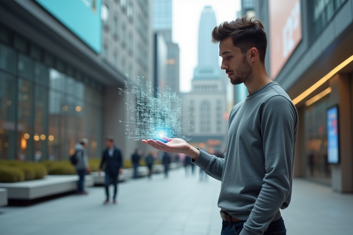 Jeune homme observant un hologramme dans une place urbaine futuriste