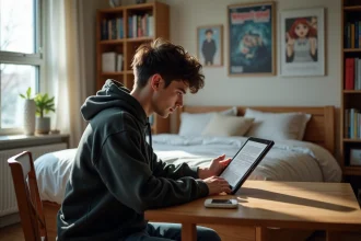 Jeune homme lisant Solo Leveling sur tablette dans sa chambre