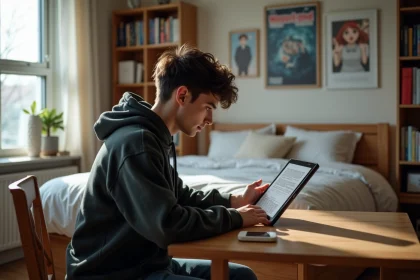 Jeune homme lisant Solo Leveling sur tablette dans sa chambre