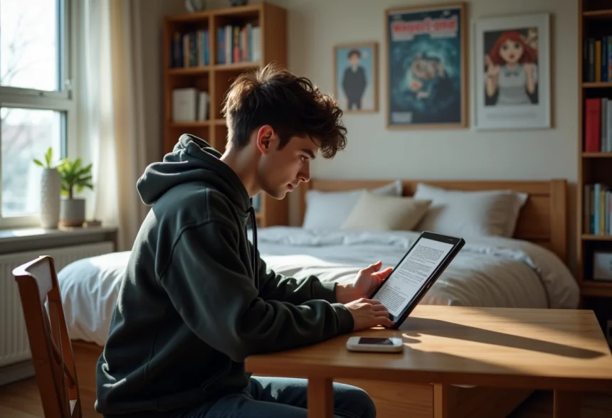 Jeune homme lisant Solo Leveling sur tablette dans sa chambre