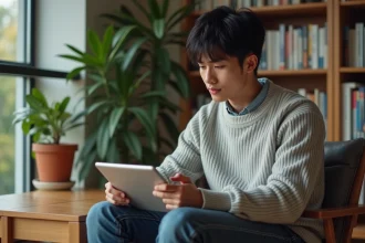 Jeune homme lisant manga sur tablette dans un salon cosy